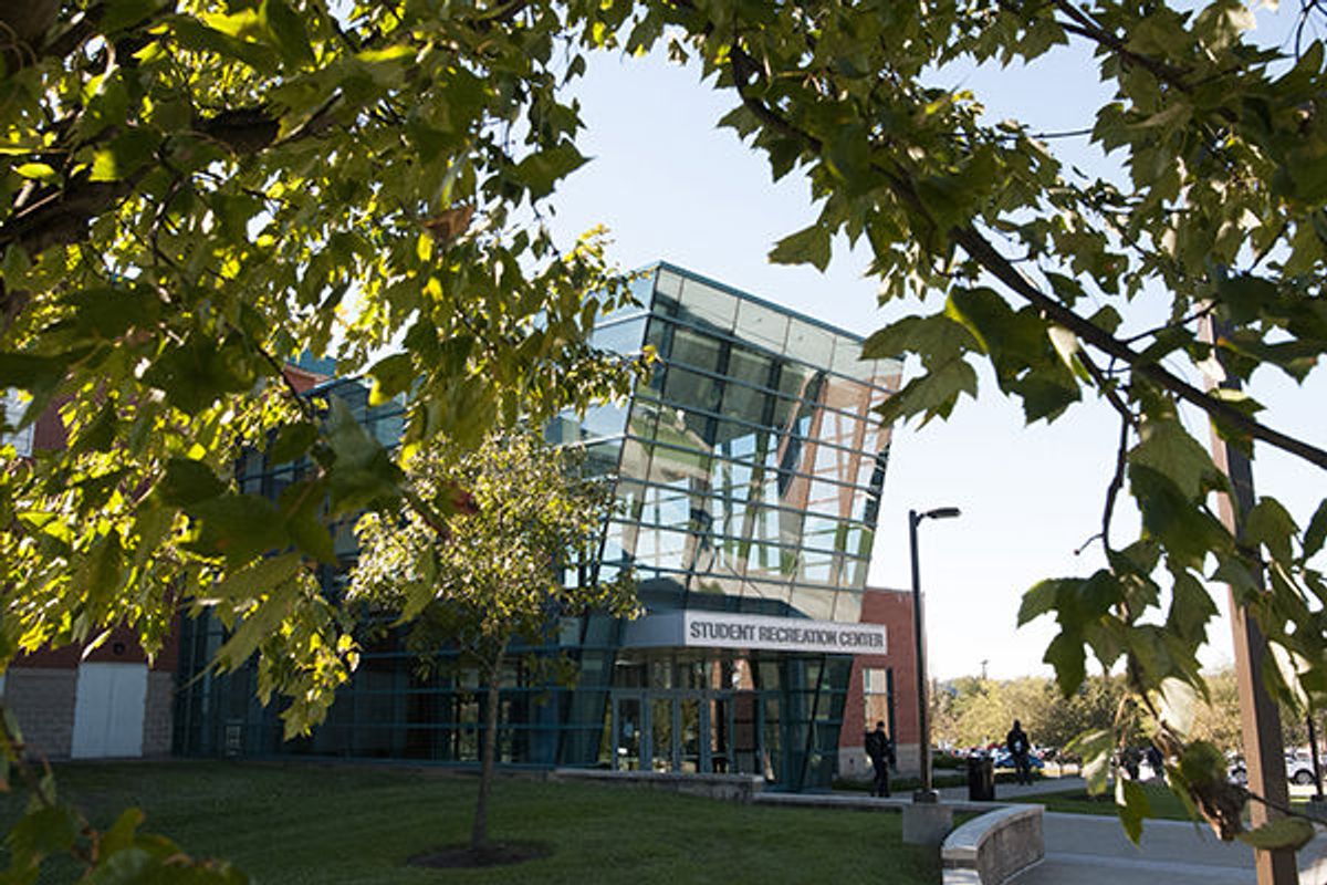 A building with a glass front is seen through leaves in trees