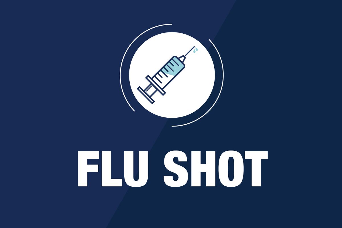 hypodermic needle in white circle on blue background. FLU SHOT in white letters