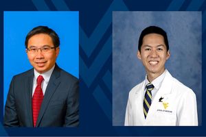 Two researchers are shown in separate photos on a blue background.