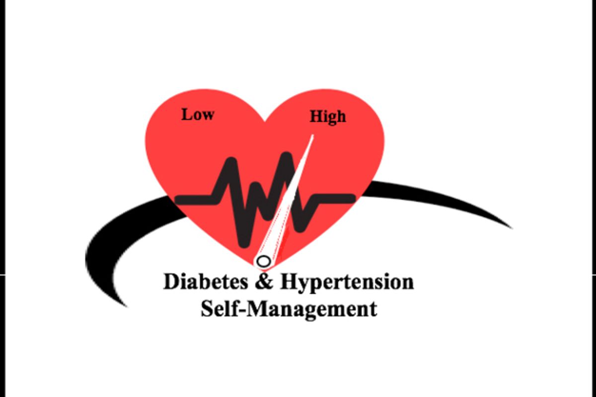 Diabetes & Hypertension Self Management graphic - A heart with low on one side, high on the other and a needle pointing towards high like the needle on a gas gauge.