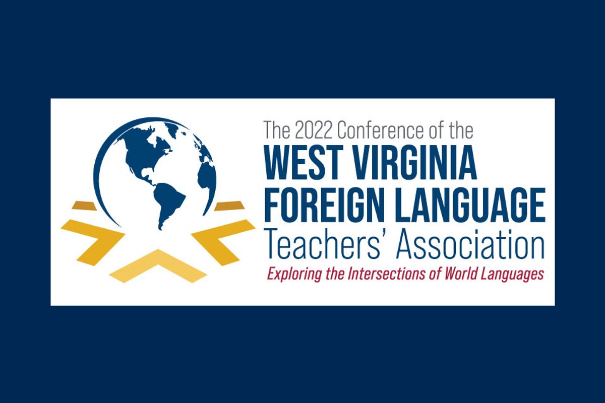 A white box is on a blue background. In the white box is a globe on the left. The right side includes the words 'West Virginia Foreign Language Teachers' Association.'