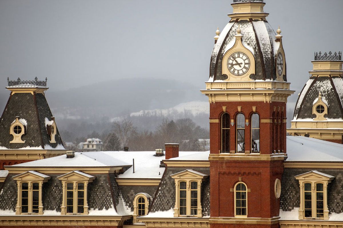 The top of Woodburn tower with some snow on it.