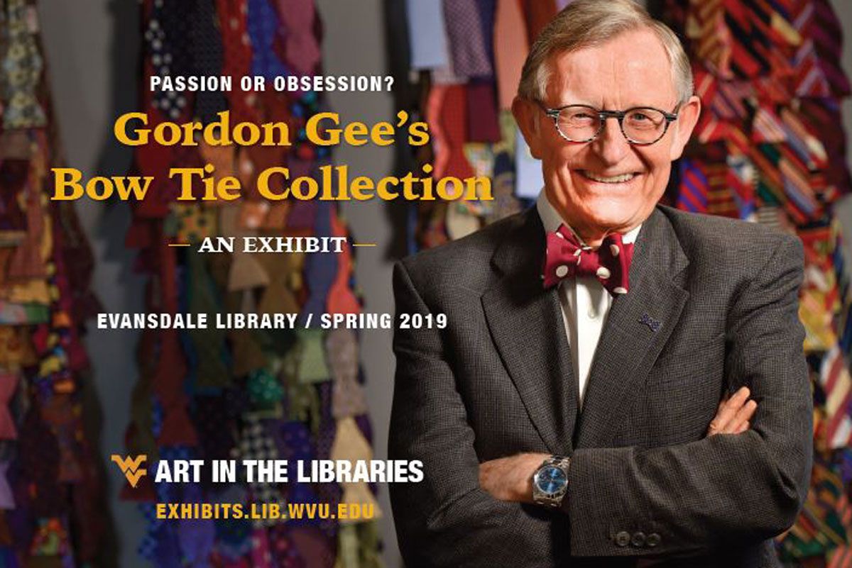 Gordon Gee's Bow Tie Collection exhibit graphic with a portrait of Gordon Gee.