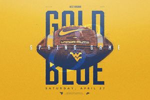 The Gold-Blue Spring football game is advertised on a gold background with blue letters surrounded by a football and the Flying WV.
