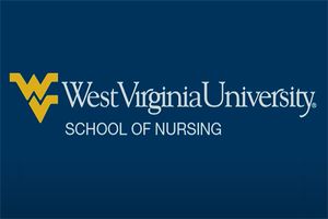 This is the School of Nursing logo. A gold Flying WV is on the left side. The words West Virginia University School of Nursing are in white on the right side on top of a blue background,