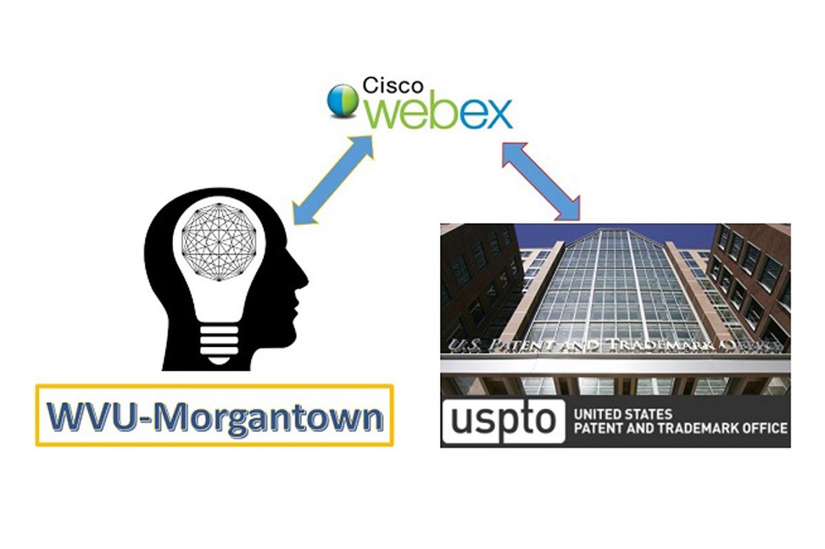 Cisco WebEx logo, U.S. Patent and Trademark Office, and silhouette of a head with 'WVU Morgantown' underneath with arrows connecting all three to each other, in a cycle.