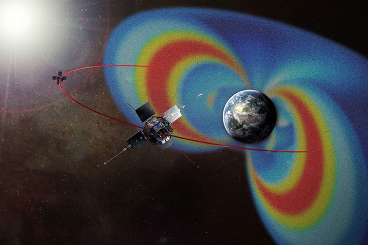 Artist's rendition of the Van Allen Probes within Earth’s radiation belts.