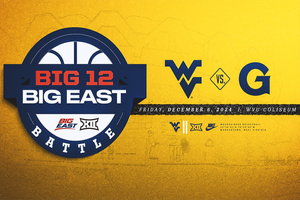 The Big 12-Big East Battle logo is shown on the left in red, white and blue. The WVU and Georgetown logos for the Dec. 6 game are on the right on a gold background.