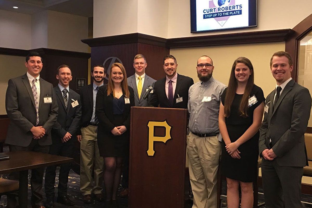 Sport Management students meeting with Pittsburgh Pirates, group photo.