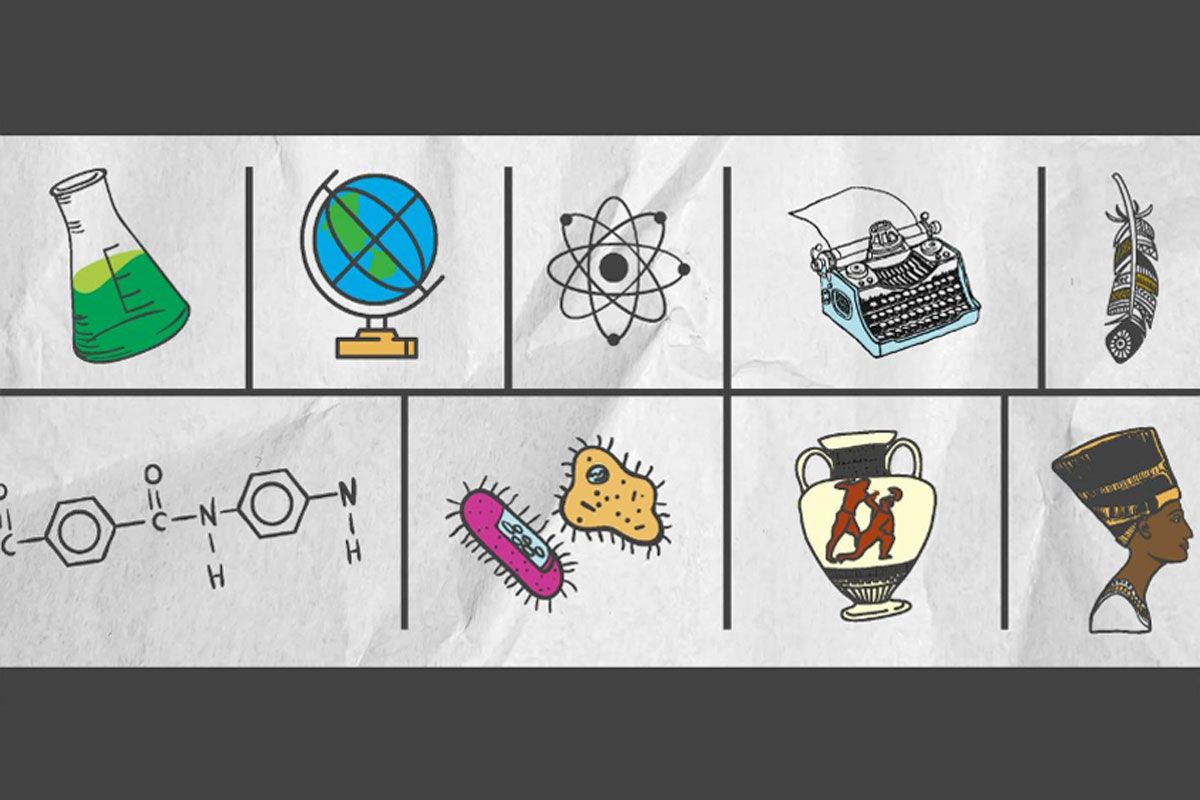 Day at the Capitol graphic - An assortment of icons portraying the event, including: a beaker, a globe, an atom, a typewriter, a feather, chemistry symbols, single-celled organisms, a vase, and a pharaoh.