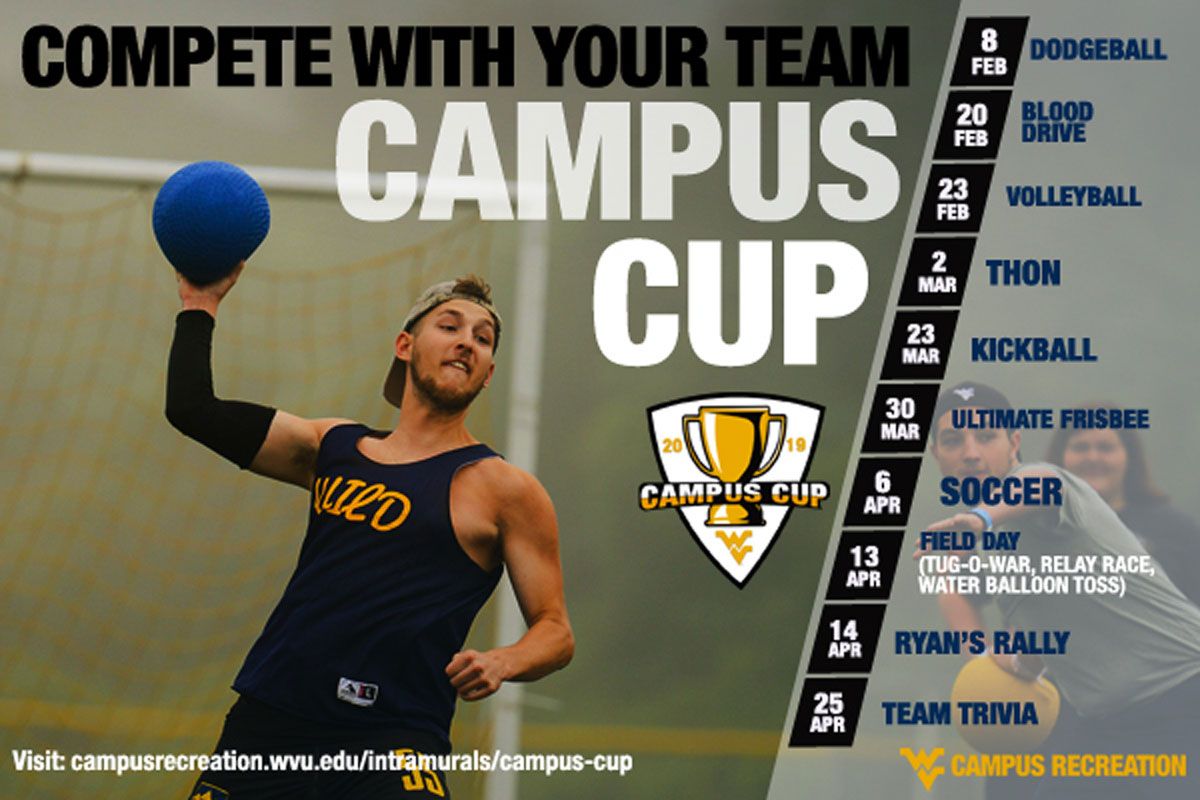 A student preparing to throw a dodgeball with the words Compete with your team - Campus Cup over top.