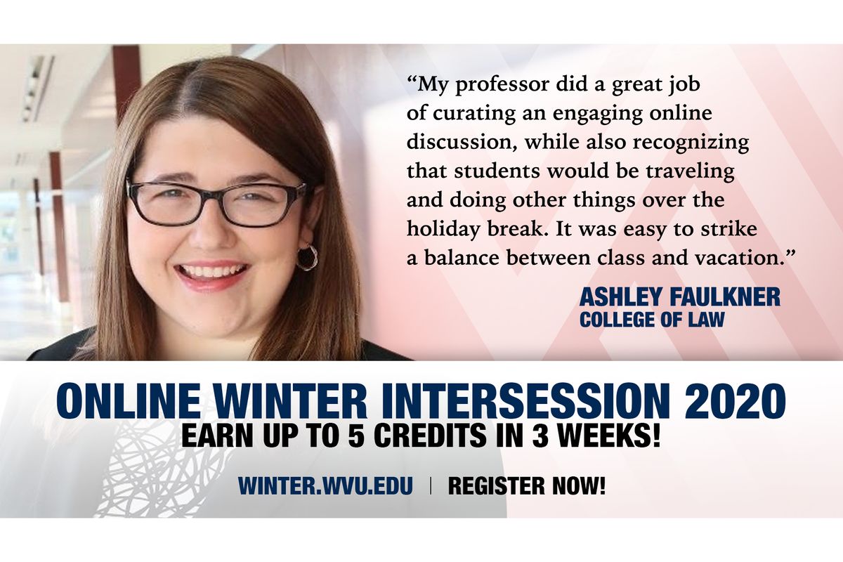 smiling woman with glasses, text promoting winter intercession 2020