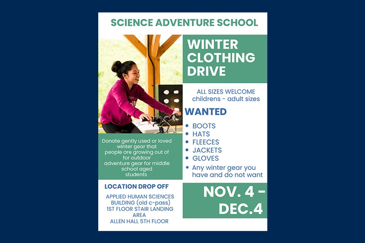 Flyer for the WVU Science Adventure School annual winter clothing drive. 