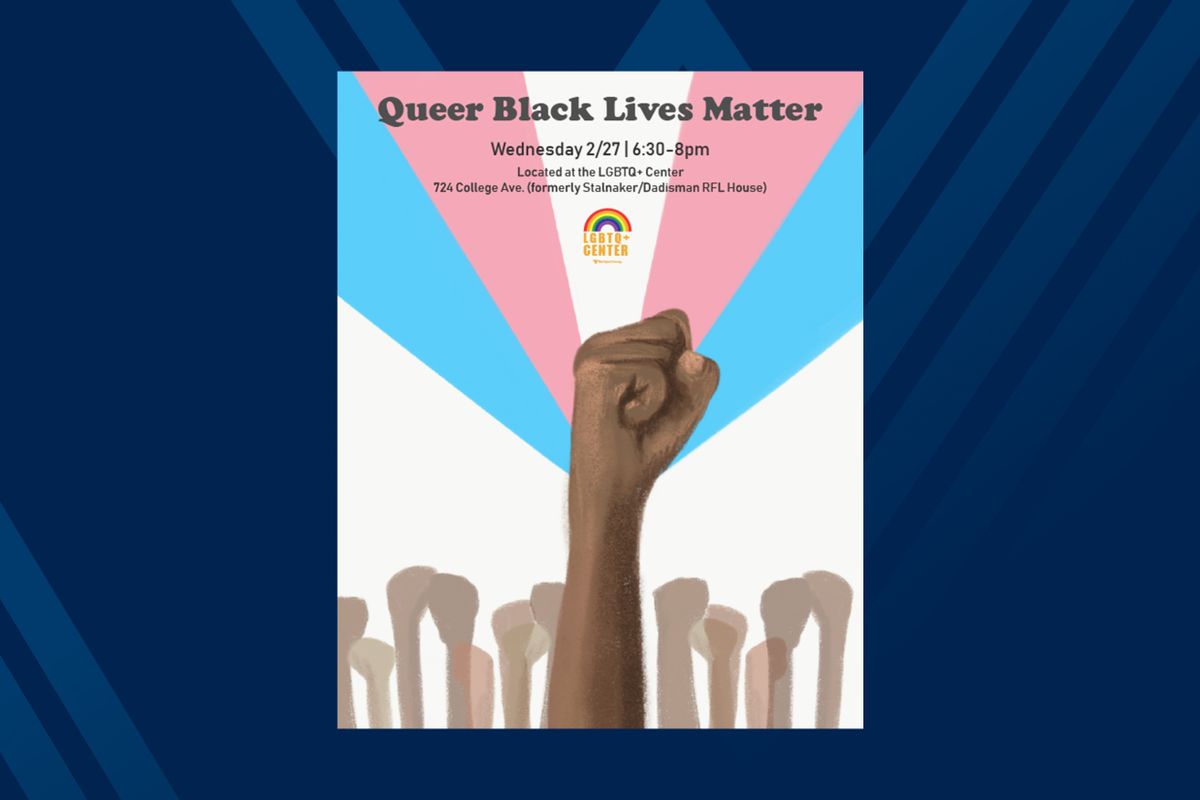 Poster for event Queer Black Lives Matter, raised black fists on blue background