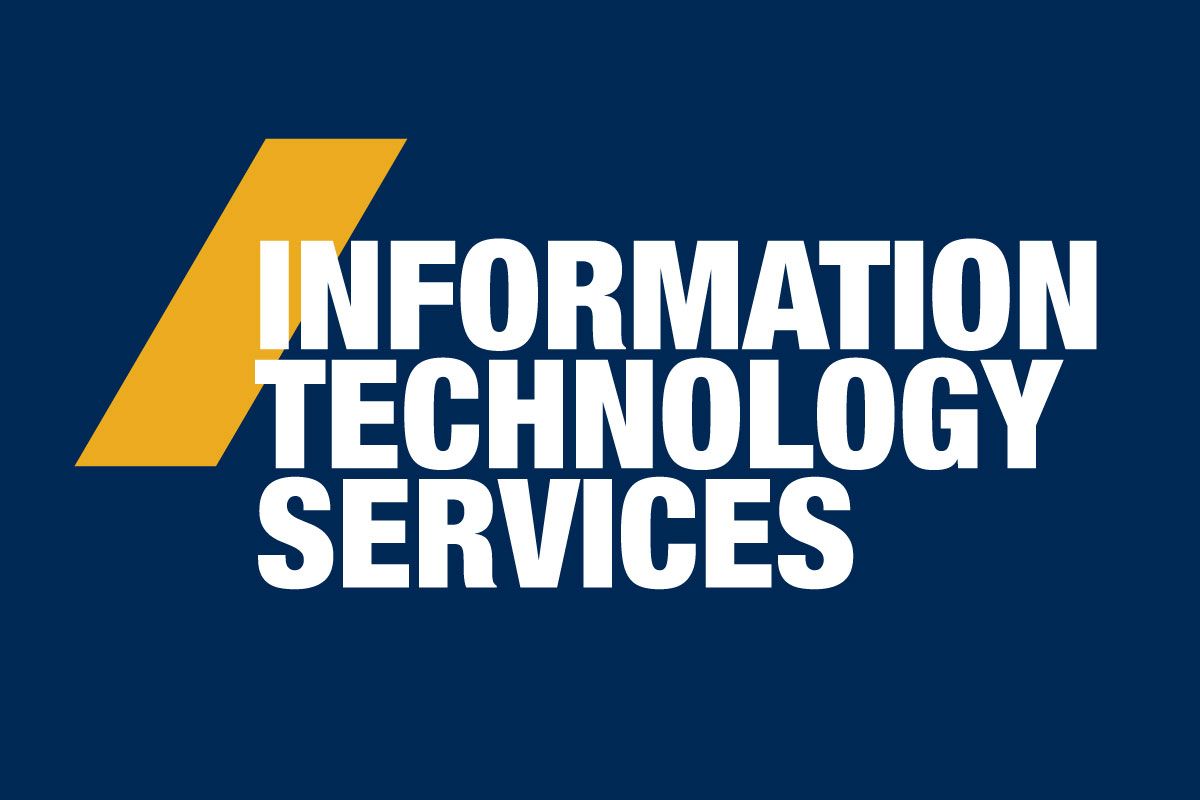 graphic for Information Technology Services, white letters on blue background with gold diagonal