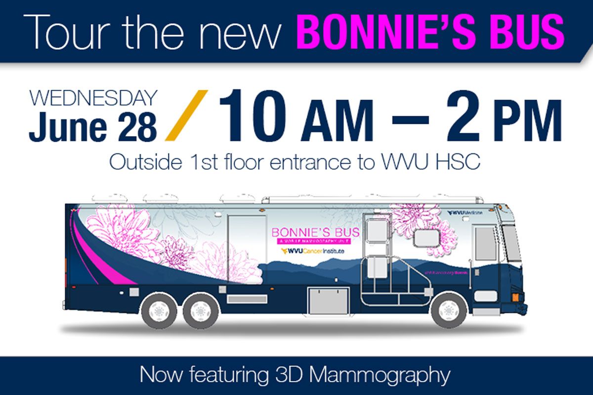 Bonnie's Bus graphic - Wednesday June 28, 10am - 2pm outside first floor entrance to WVU HSC. Now featuring 3d Mammography.