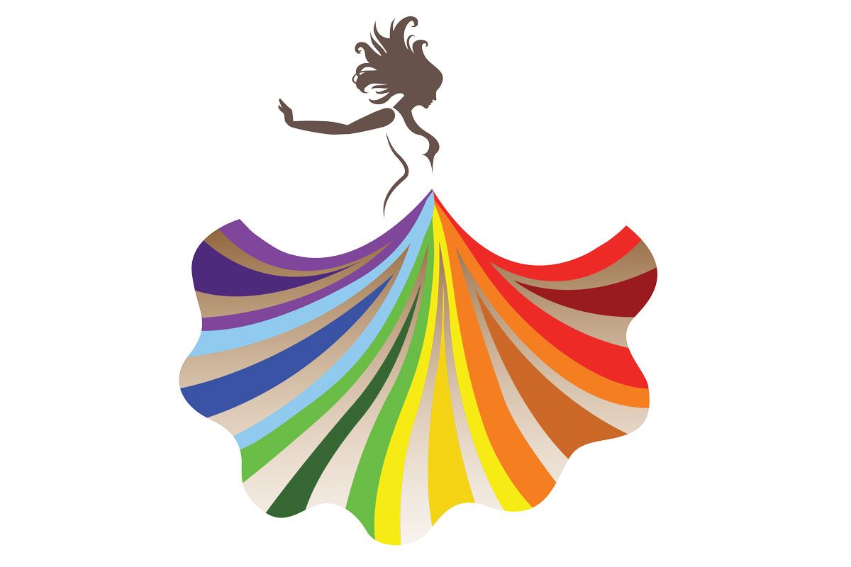 Women of Luncheon graphic - A woman in a dress made of rainbows.