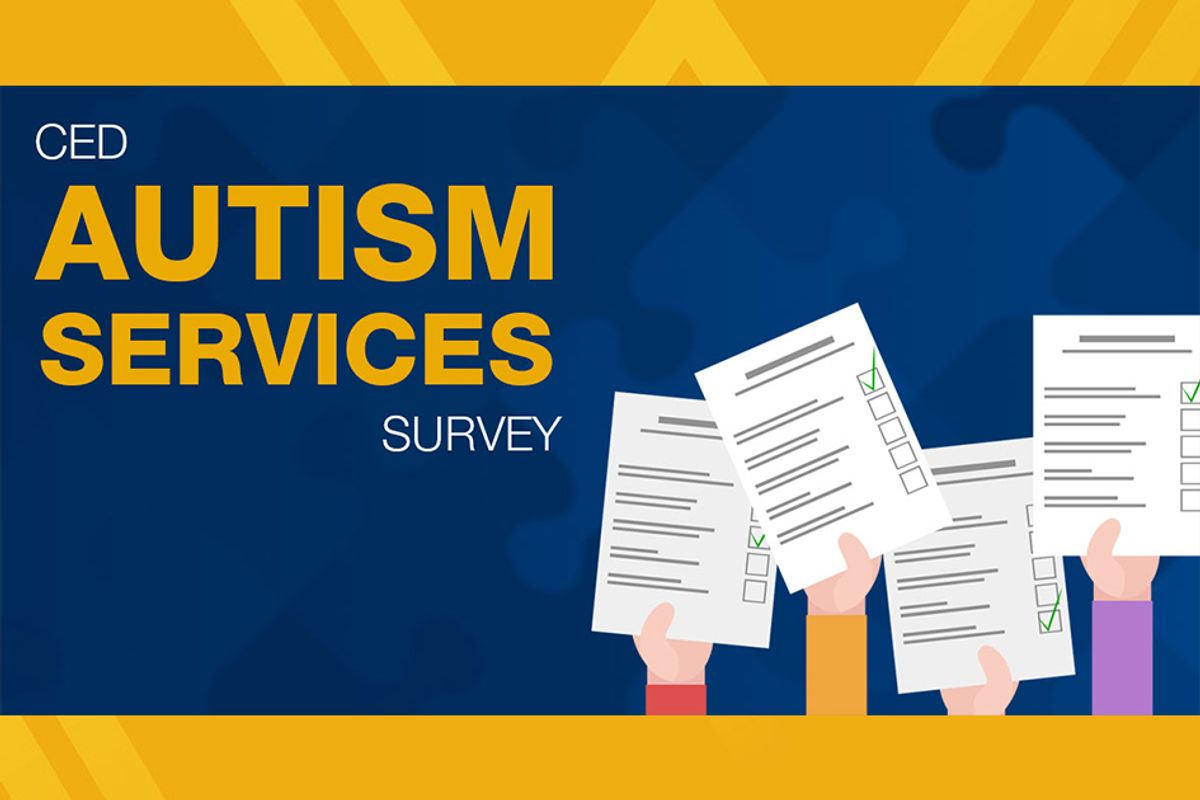 Autism Services Survey graphic on blue background features artist renderings of hands holding papers