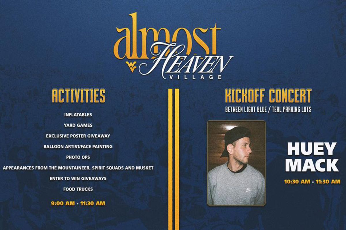 A blue graphic details the Almost Heaven Kickoff Concert which will include Huey Mack prior to the Gold-Blue Spring Game on April 27.